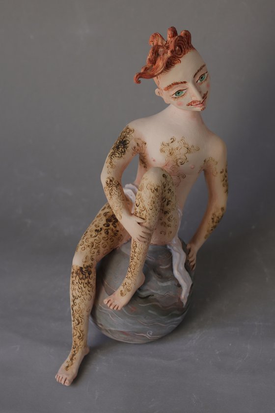 Charming Gentlemen with red mustache. Ceramic sculpture