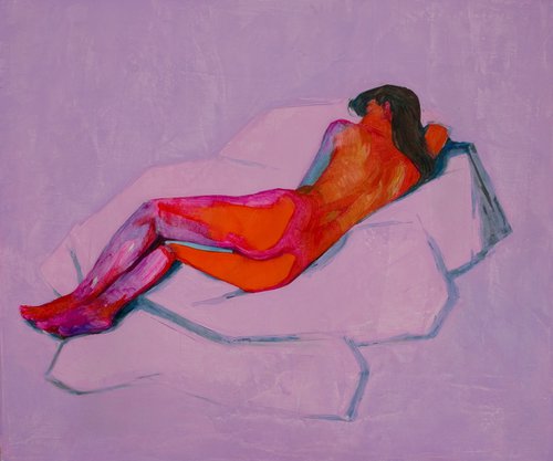 modern pop art portrait of a nude woman on pink and red by Olivier Payeur