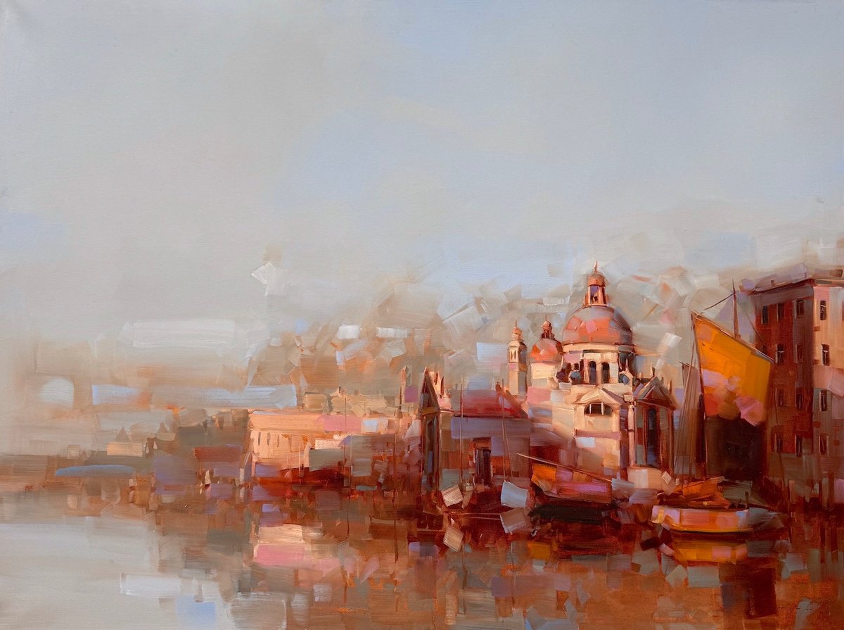 Impressionistic Cityscapes Oil Painting By Vahe Yeremyan, 48 X 36", Venice Santa Maria, Original Artwork