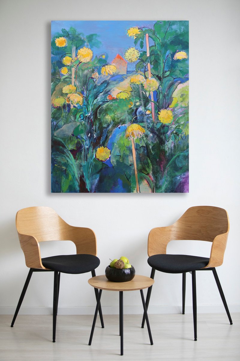 Impressionistic Landscape Acrylic Painting By Artem Andreichuk, 39 X 49, Yellow Flowers, Original Artwork