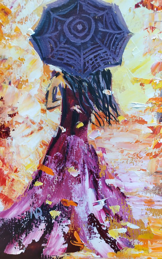 Autumn tango, original girl umbrella oil painting, Gift, art for home, for sale