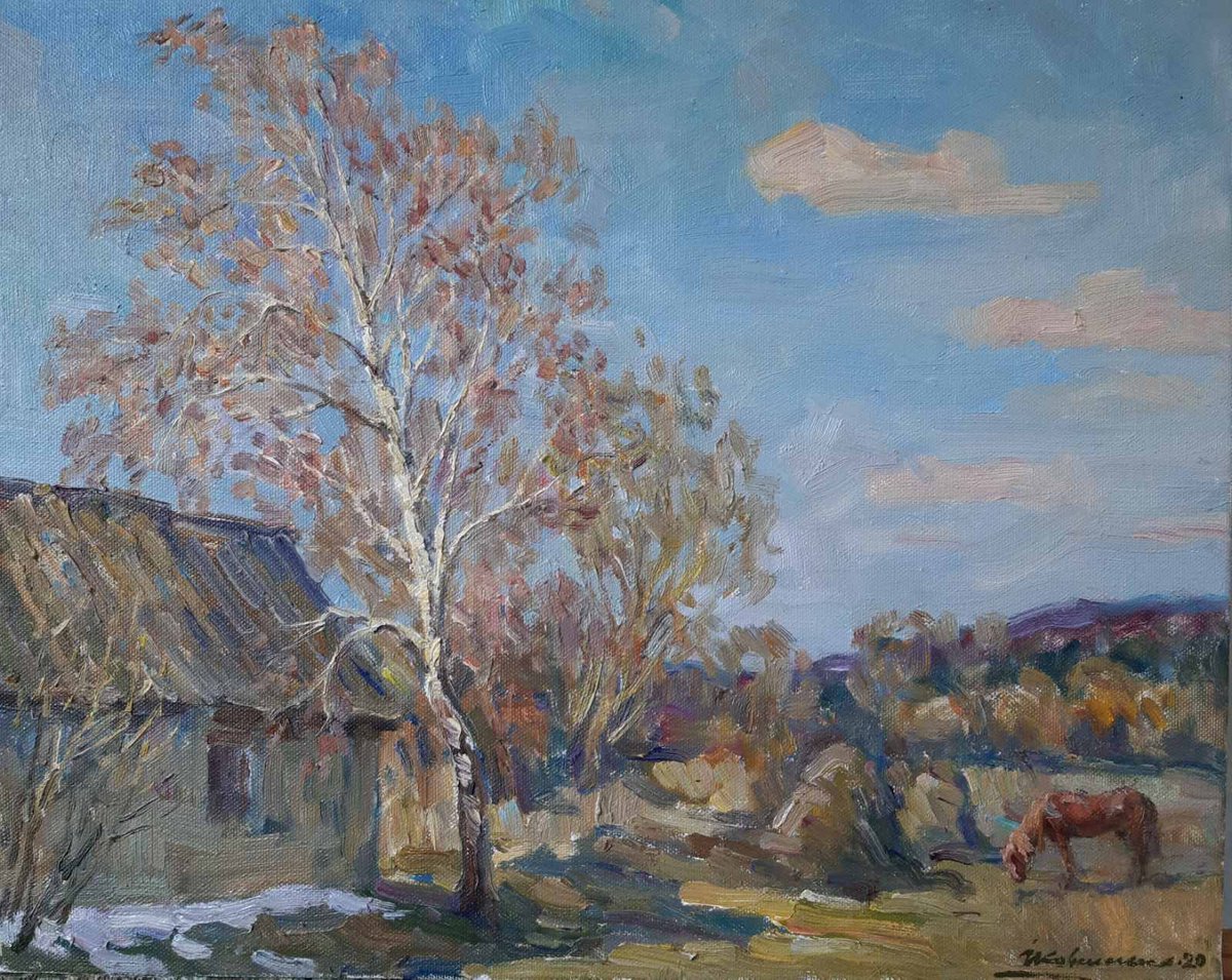 Impressionistic Landscape Oil Painting By Ivan Kovalenko, 20 X 16, Stabling, Original Artwork