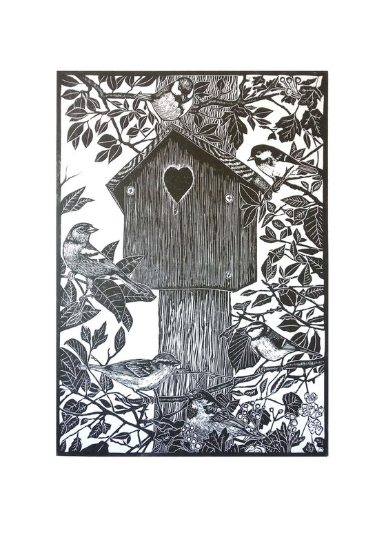 The House Hunters (nesting birds and birdhouse lino print)