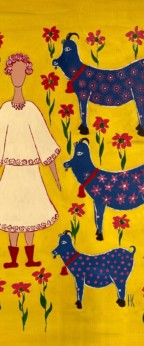 Woman Goats Original Painting by Halyna Kirichenko