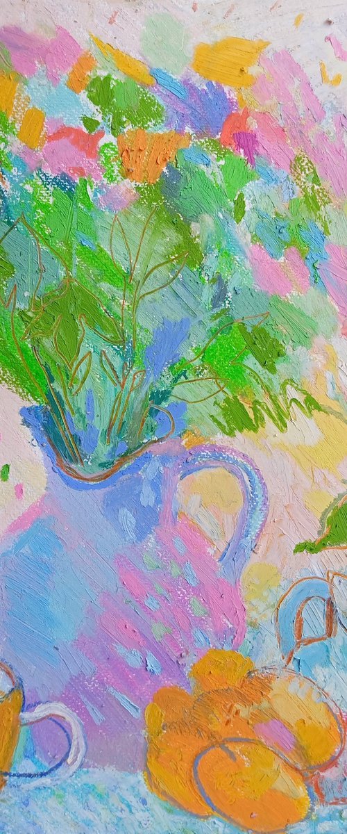 Still Life with Blue Jug and Flowers by Iryna Kindrytska
