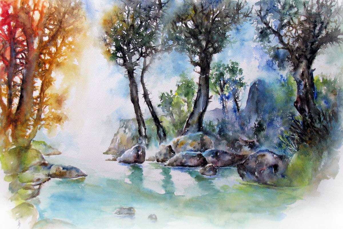 Impressionistic Landscape Watercolour By Szekelyhidi Zsolt, 19 X 13", Backlight, Original Artwork