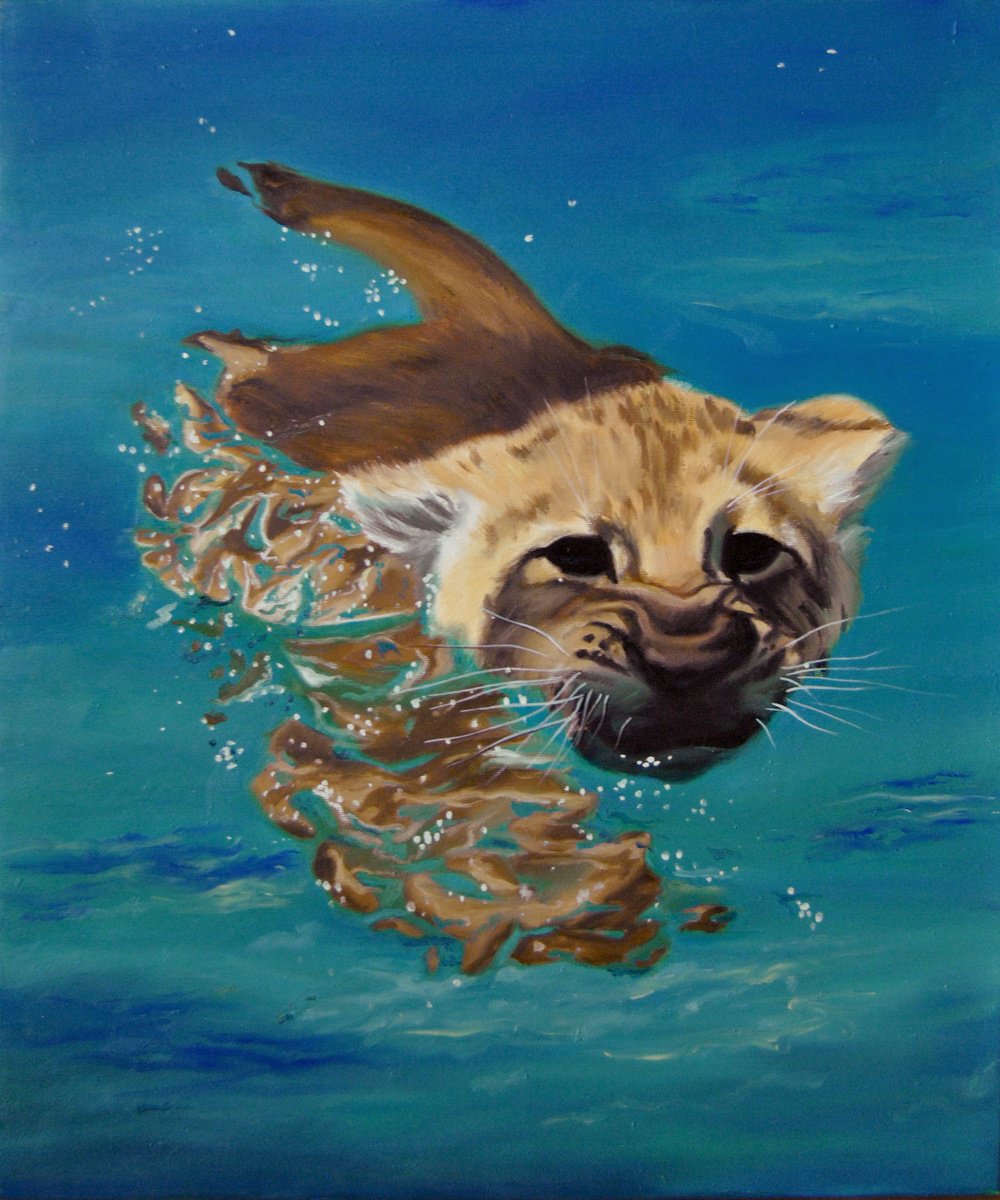 Photorealistic Animal Oil Painting By Simona Tsvetkova, 20 X 22", Floating Tiger, Original Artwork