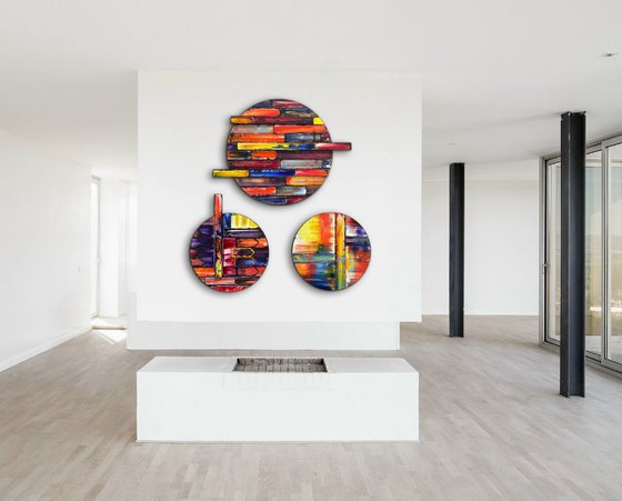 "Can We Tag Along?" - Save As A Series - Original PMS Sculptural Oil Painting Assemblage Triptych On Circular Wooden Panels - 68 x 25 inches