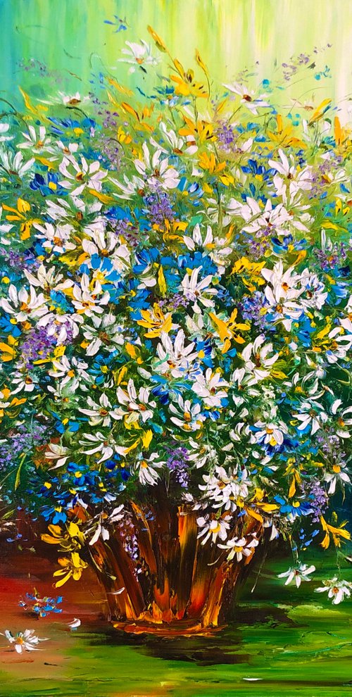 THE DANCE OF WILD FLOWERS - Floral still life. Lovely daisies. Modest cornflowers. Wildflowers. Huge bouquet. Summer colors. Village. by Marina Skromova
