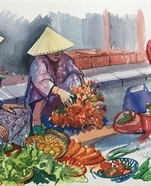 Vietnam market. People in the market, landscape. by Natalia Veyner