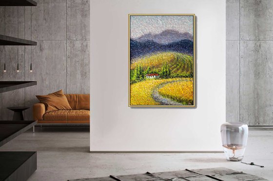 Tuscany landscape Field Abstract Sunshine mountains Italy inspire Yellow blue green Summer