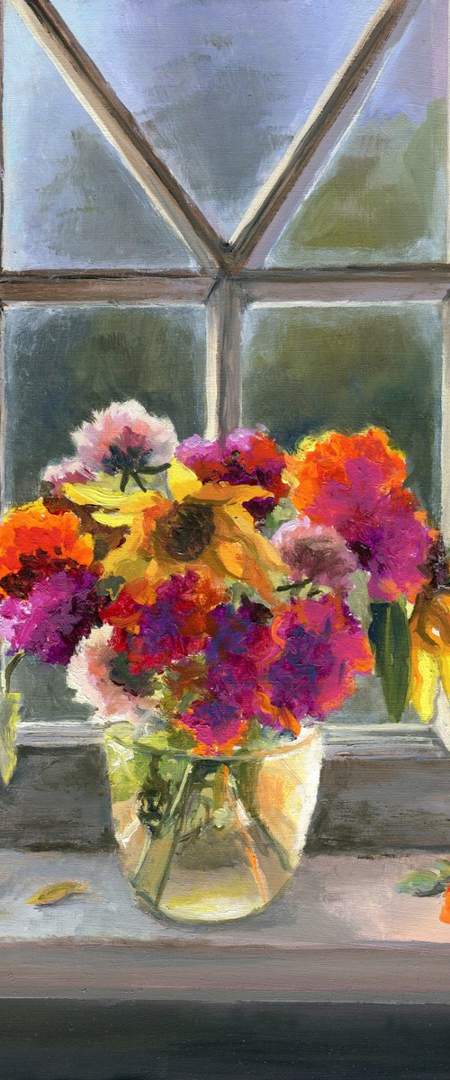 Vase of flowers on a window sill by Lucia Verdejo