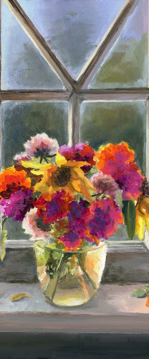 Vase of marigolds on a window by Lucia Verdejo