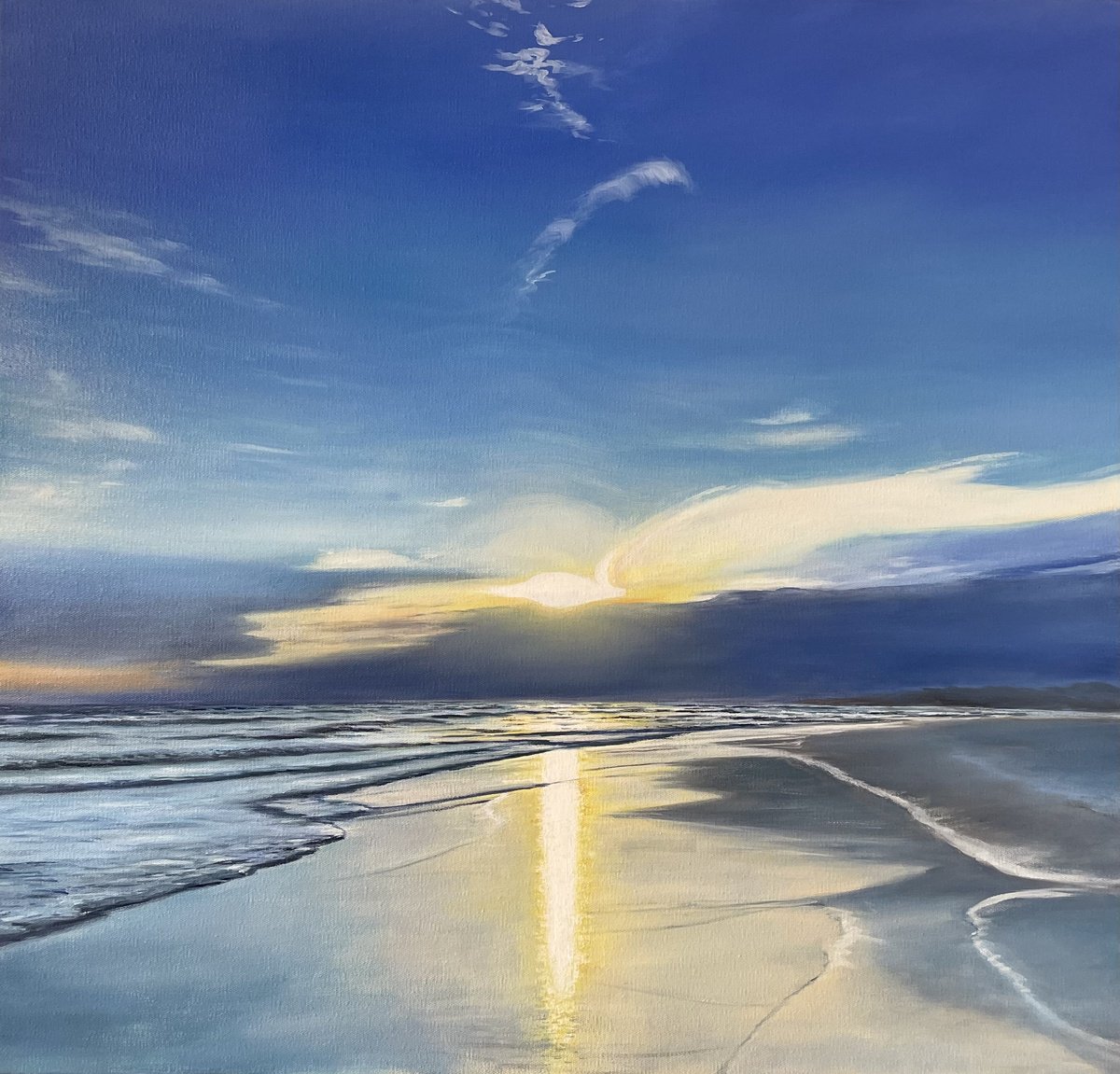 Photorealistic Landscape Oil Painting By Aflatun Israilov, 40 X 39, Golden Silence - Ocean Sunset, Original Artwork
