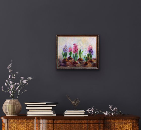 Flowers oil painting - Floral original artwork - Hyacinths framed canvas - Gift idea for woman