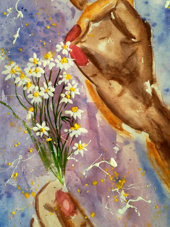 Daisy Painting Floral Original Art Hands Small Watercolor Camomile Artwork Flowers Home Wall Art 8 by 12" by Halyna Kirichenko