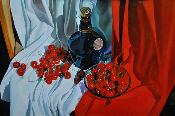 Still life with cherries 2 , Original oil on canvas painting