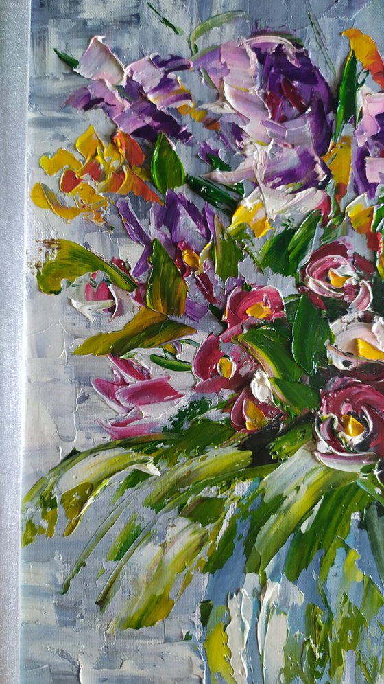 Summer bouquet, original framed oil painting , gift, bedroom art