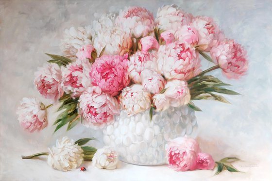 Peony painting, Extra Large floral oil paintings on canvas l, Peony flowers in white vase painting, Wide canvas wall art