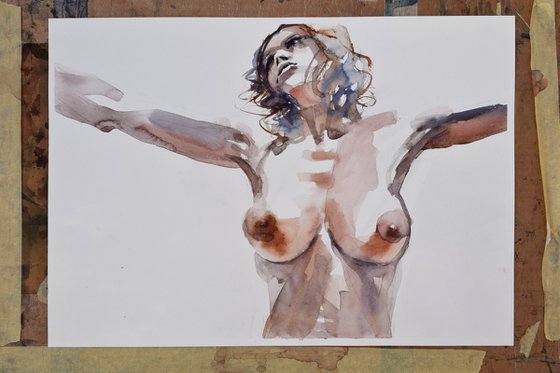 nude pose with raised hands.