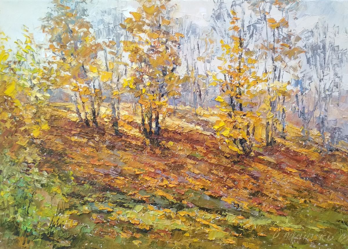 The Sunny Slope / Autumn landscape Terracotta fall Yellow trees Fall oil painting by Olha Malko