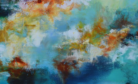 Reflection - Original white, blue and orange square abstract painting