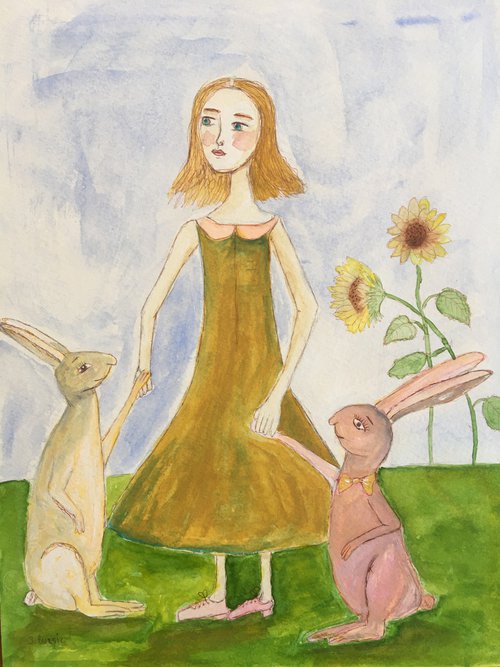 Girl with rabbits, whimsical girl cute rabbit by Sharyn Bursic