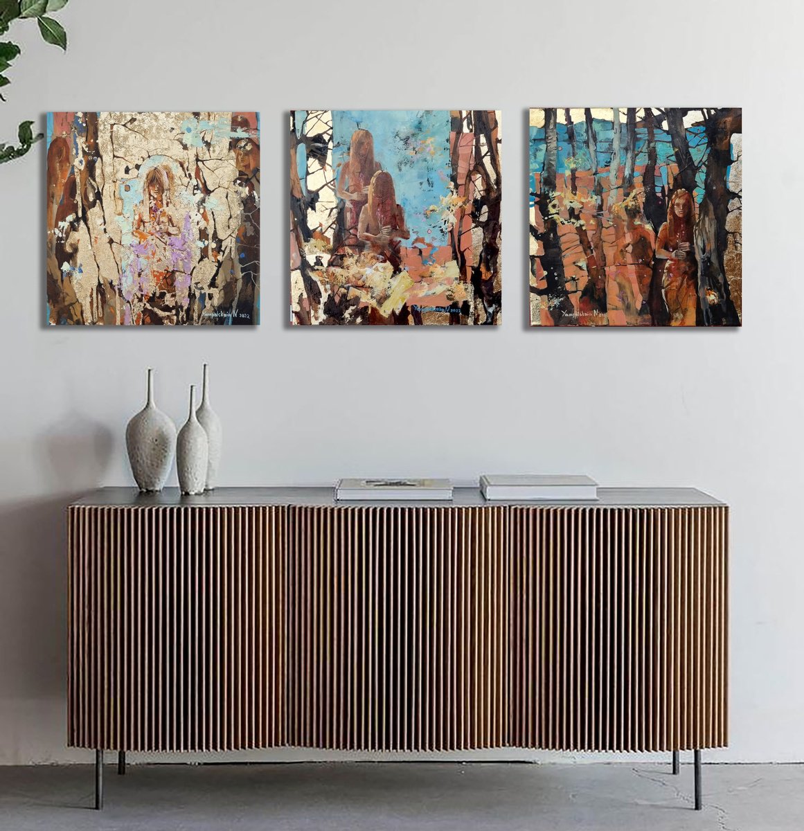 Portrait Oil Painting By Natalia Yampolskaia, 47 X 16", Immortelle Flowers. Triptych, Original Artwork