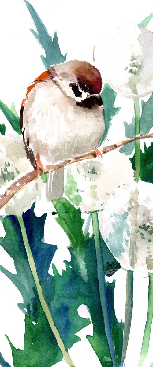 Sparrow Bird  and Dandelions by Suren Nersisyan