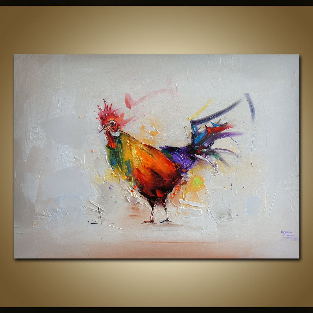Expressive Animal Oil Painting By Stanislav Lazarov, 28 X 20", The Happy Rooster, Original Artwork