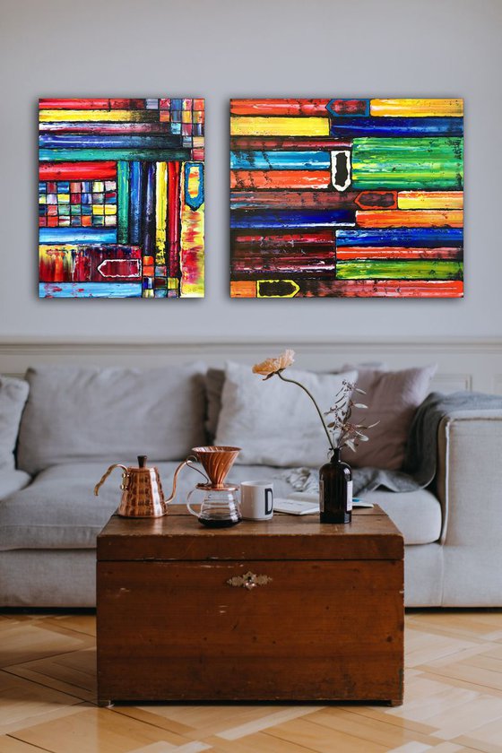 "Where Are We Now?" - Save As A Series - Original PMS Abstract Diptych Oil Paintings On Reclaimed Wood - 48" x 24"