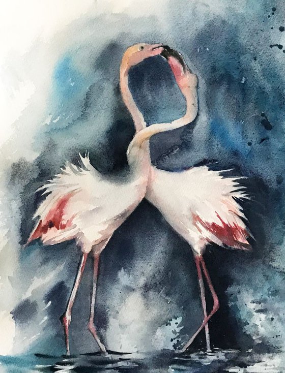 Flamingos couple Original Watercolor painting