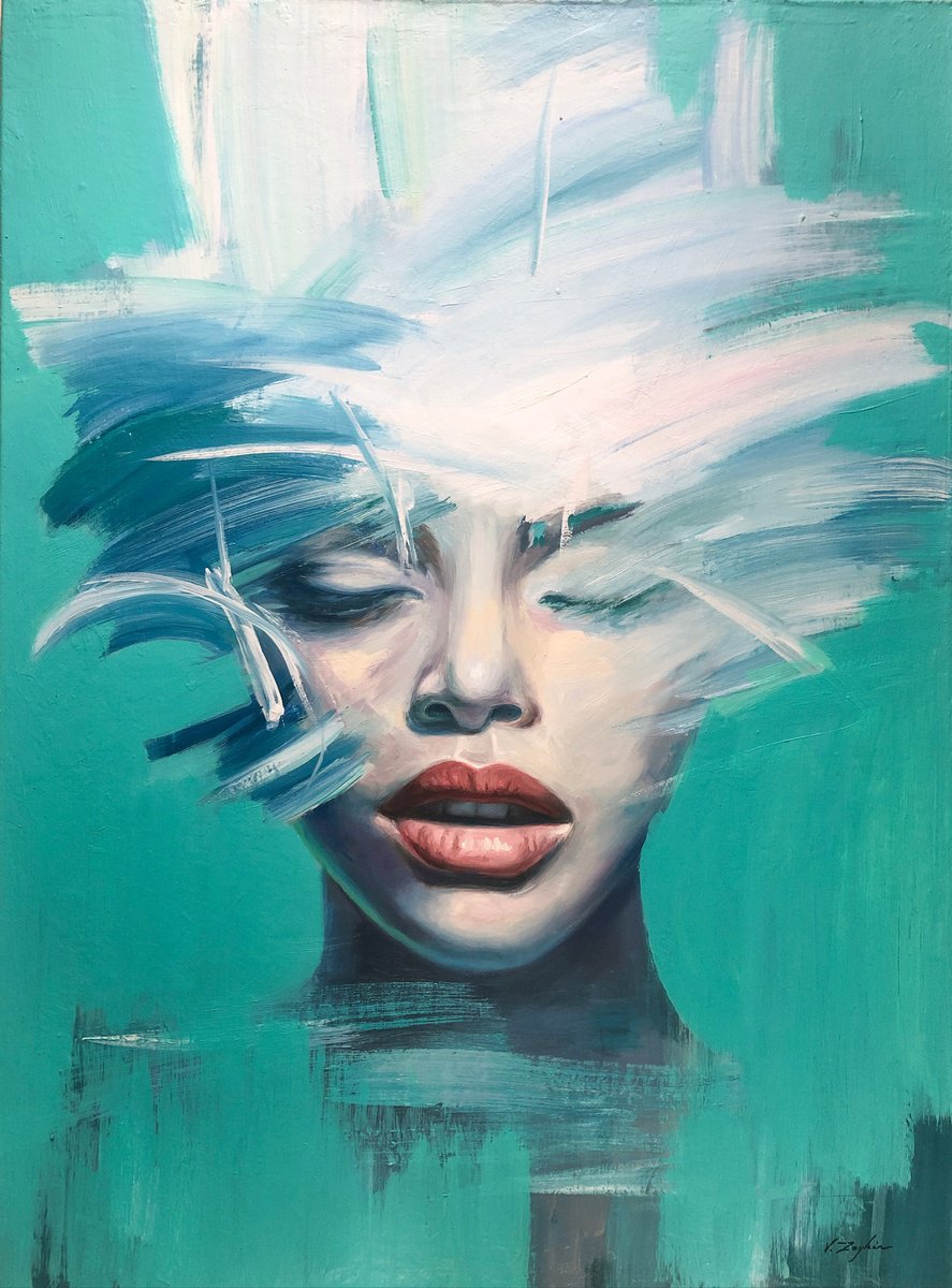Expressive Portrait Oil Painting By Viacheslav Zaykin, 29 X 39", Abstract Portrait In Motion, Original Artwork