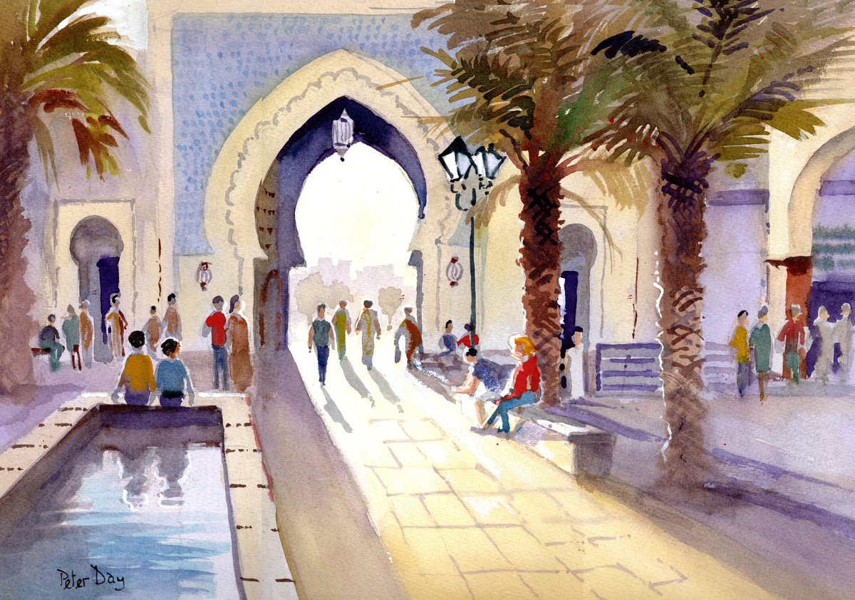 Impressionistic Cityscapes Watercolour By Peter Day, 17 X 13", Souk, Agadir, Morocco, Original Artwork