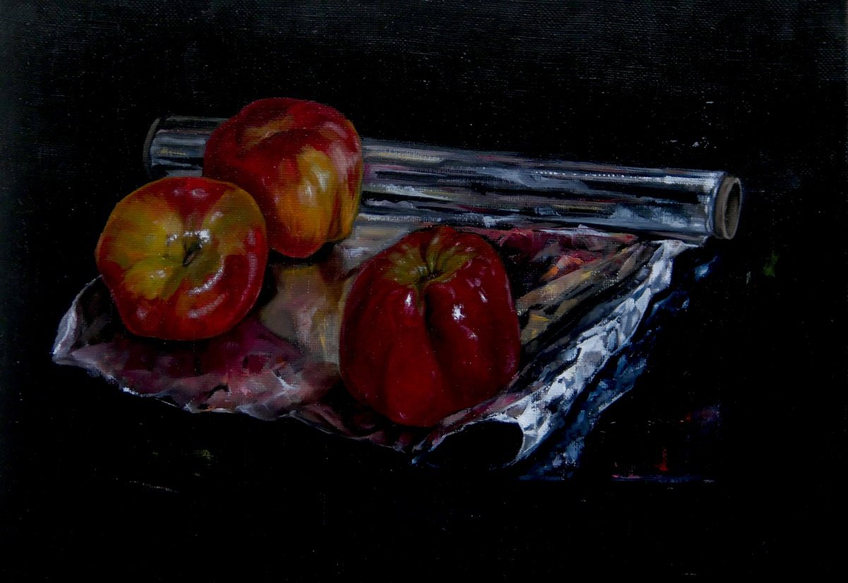 Photorealistic Oil Painting , Apples On Foil By Marina Deryagina, 20 X 16, Artwork For Sale On Artfinder
