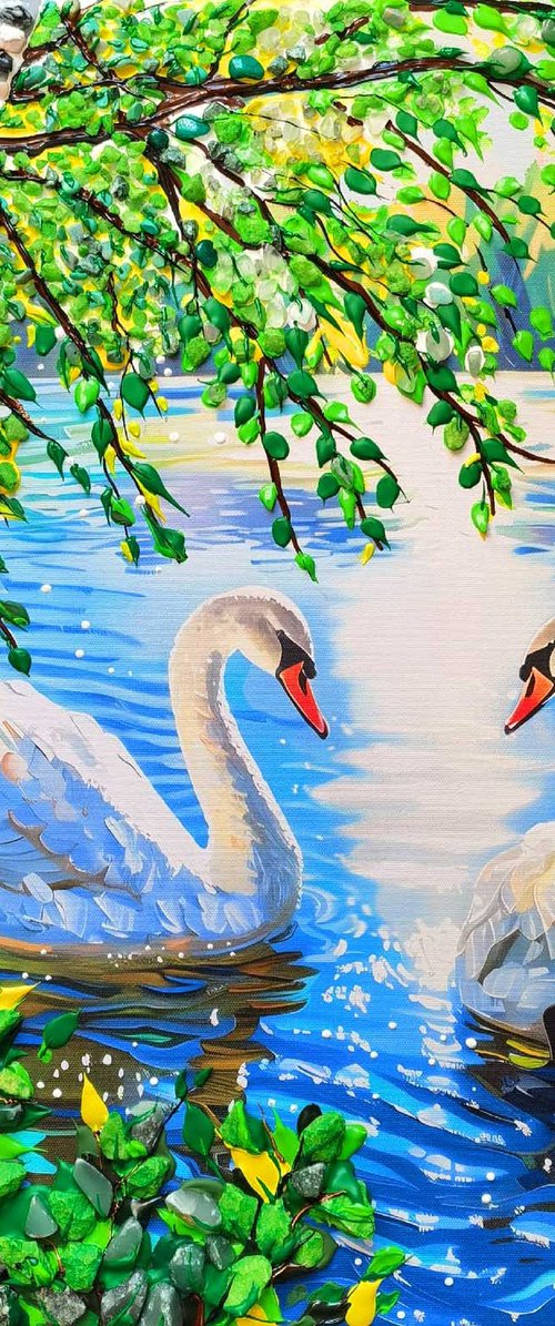 Two beautiful white swans in love on a summer lake (pond).  Decorative acrylic painting with precious stones. City landscape. Positive sunny good mood warm artwork. A wonderful gift for a couple, lovers, Wedding, Anniversary by BAST