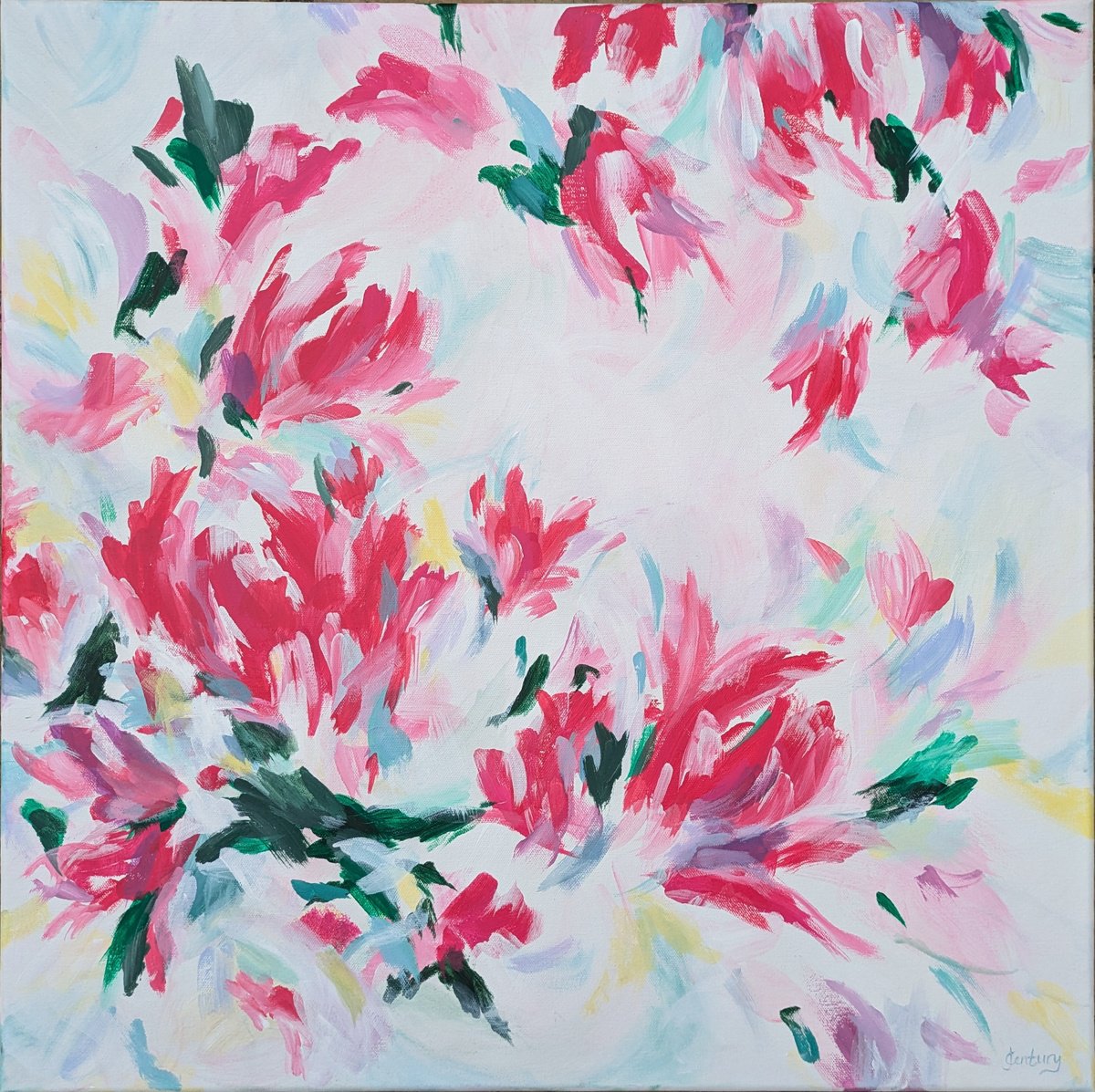 Abstract Botanical Acrylic Painting By Judy Century, 24 X 24", Dancing In The Breeze, Original Artwork