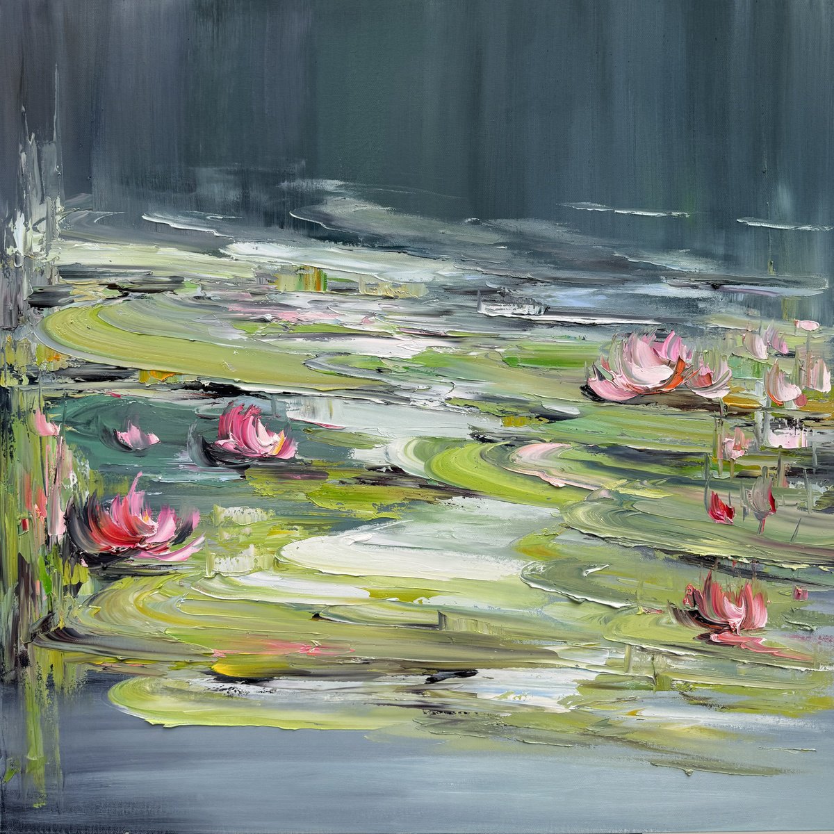 Impressionistic Botanical Oil Painting By Liliana Gigovic, 36 X 36", Water Lilies No 167, Original Artwork