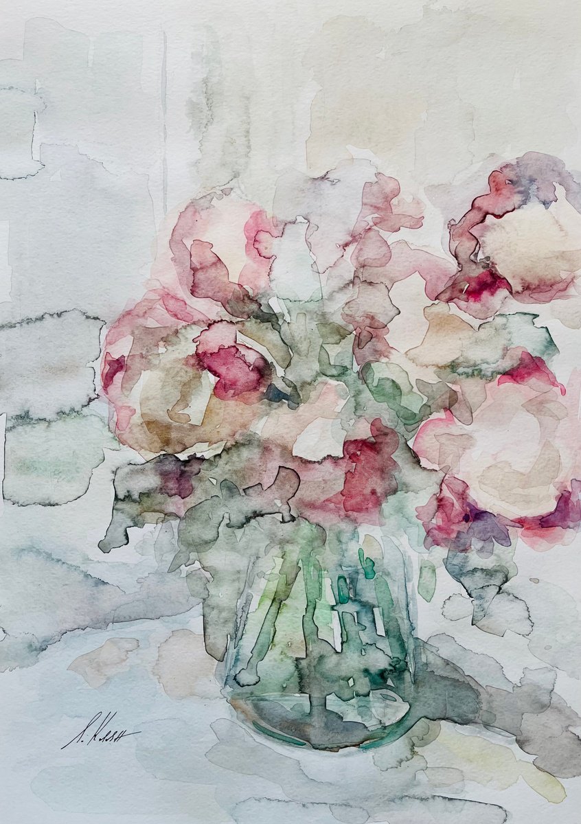 Impressionistic Still Life Watercolour By Elena Klyan, 11 X 16, Bouquet With Peonies., Original Artwork