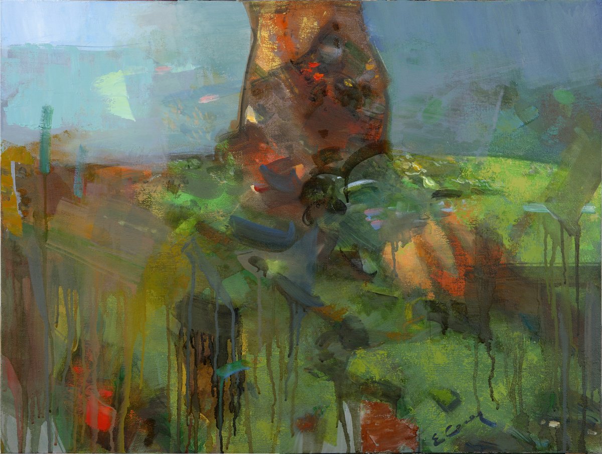 Expressive Abstract Oil Painting By Eugene Segal, 31 X 24, Idol, Original Artwork