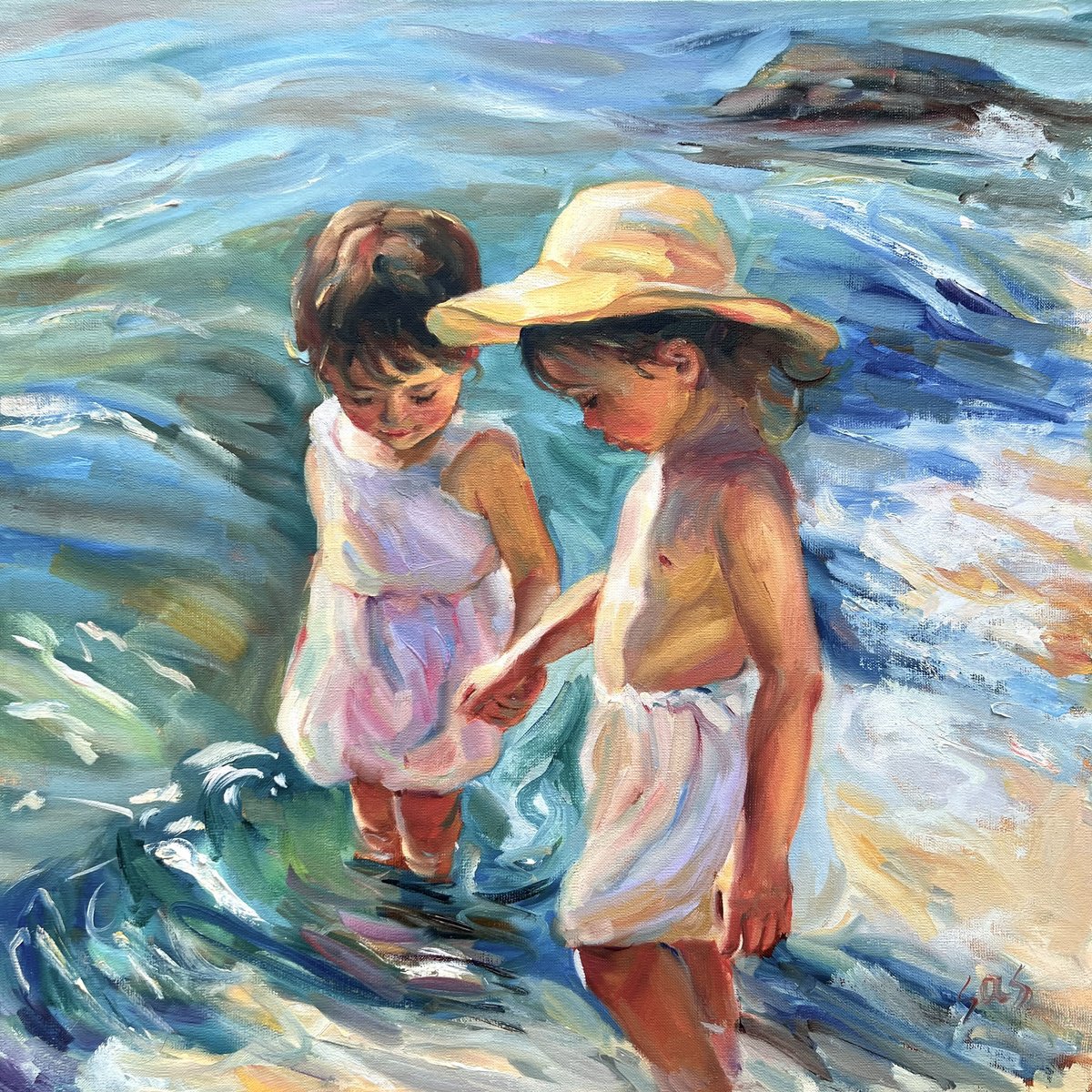 Impressionistic Portrait Oil Painting By Liubou Sas, 24 X 24", Children On The Beach 2, Original Artwork