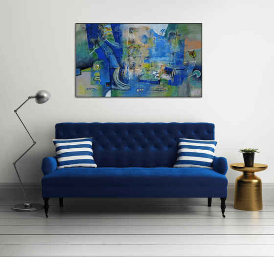 Dominant Blue No.2, Large abstract oil painting, original art, Large size horizontal canvas 90x153 cm