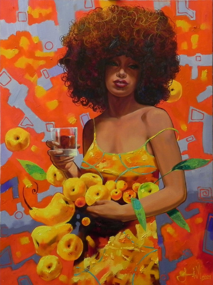 Impressionistic Portrait Oil Painting By Mykhailo Novikov, 24 X 31", "Fruit Festival", Original Artwork