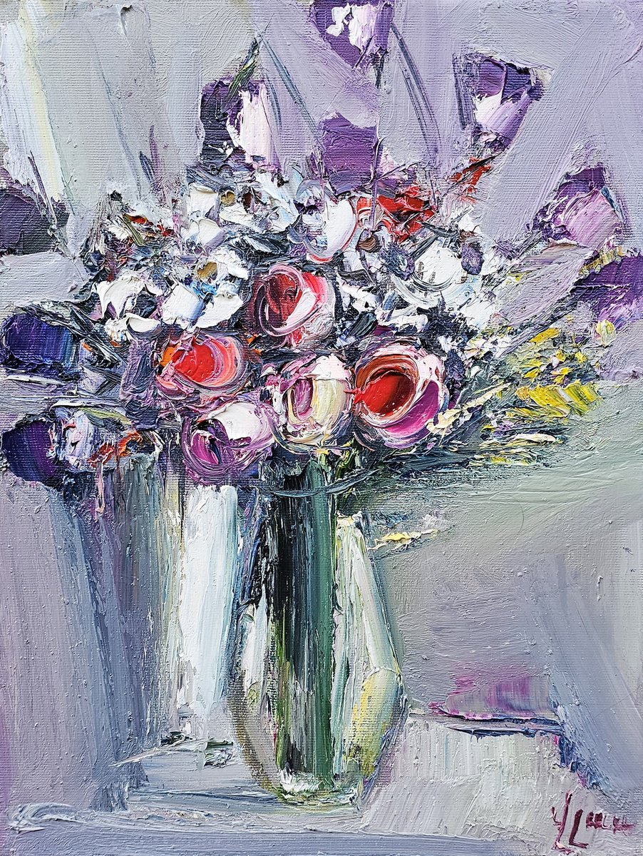 Abstract Botanical Oil Painting By Vlas Ayvazyan, 12 X 16", Bouquet Of Dreams, Original Artwork