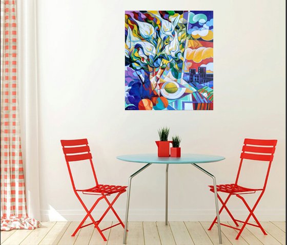 Still life with callas (80x90cm, cubism, oil painting, ready to hang)