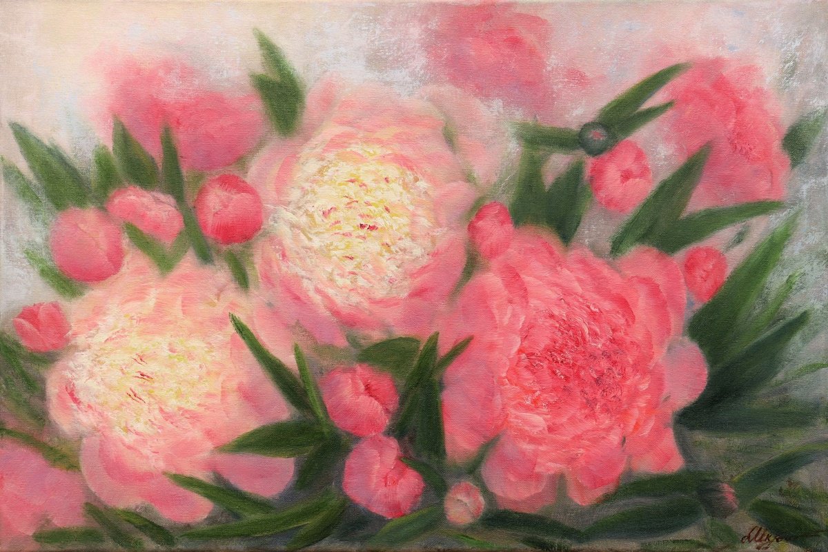 Impressionistic Botanical Oil Painting By Ludmilla Ukrow, 24 X 16", Peonies, Original Artwork