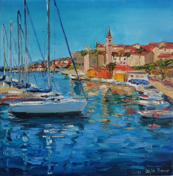 Beach towns in Tuscany oil painting blue ocean landscape wall decor 12x12"