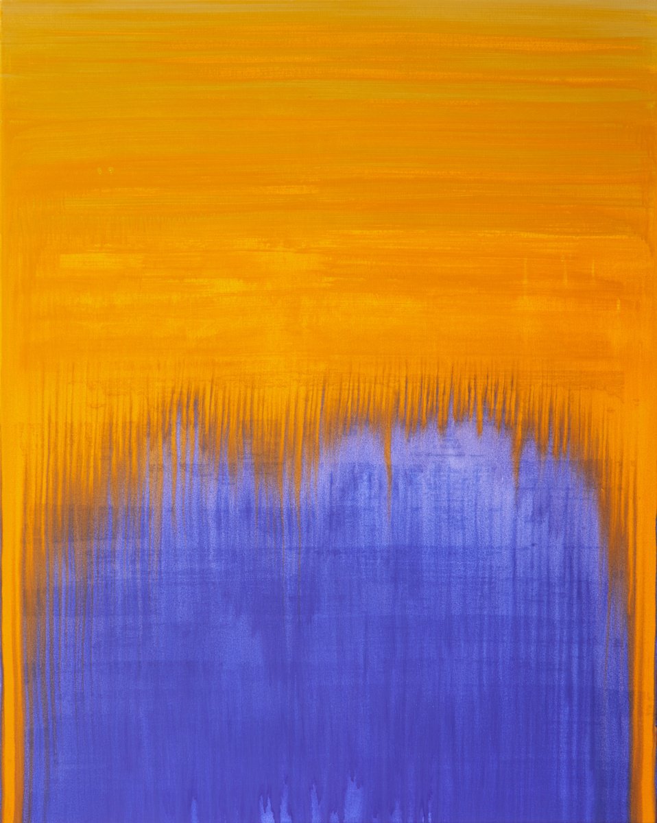 Geometric Abstract Acrylic Painting By Simon Findlay, 47 X 59", Monday (Orange Over Blue), Original Artwork