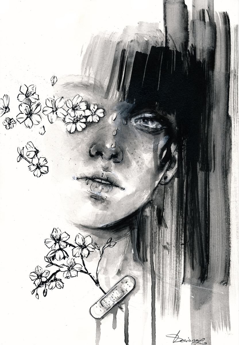 Expressive Portrait Ink Drawing By Doriana Popa, 8 X 12, Flowing, Original Artwork