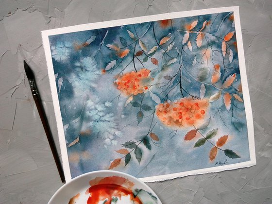 Autumn painting/ Rowan berries art